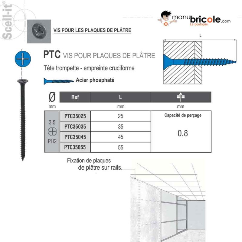 Vis Placo PTC 3 5 X 25 PH2 Noir 1000 Vis Embout PH2 Manubricole 